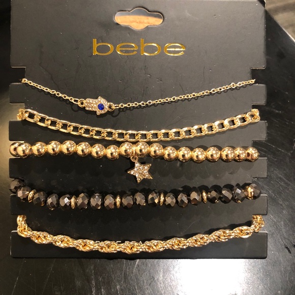 bebe Jewelry - Bebe 5 pc bracelet gold color rope link Hamsa Star and one black brand new NWT